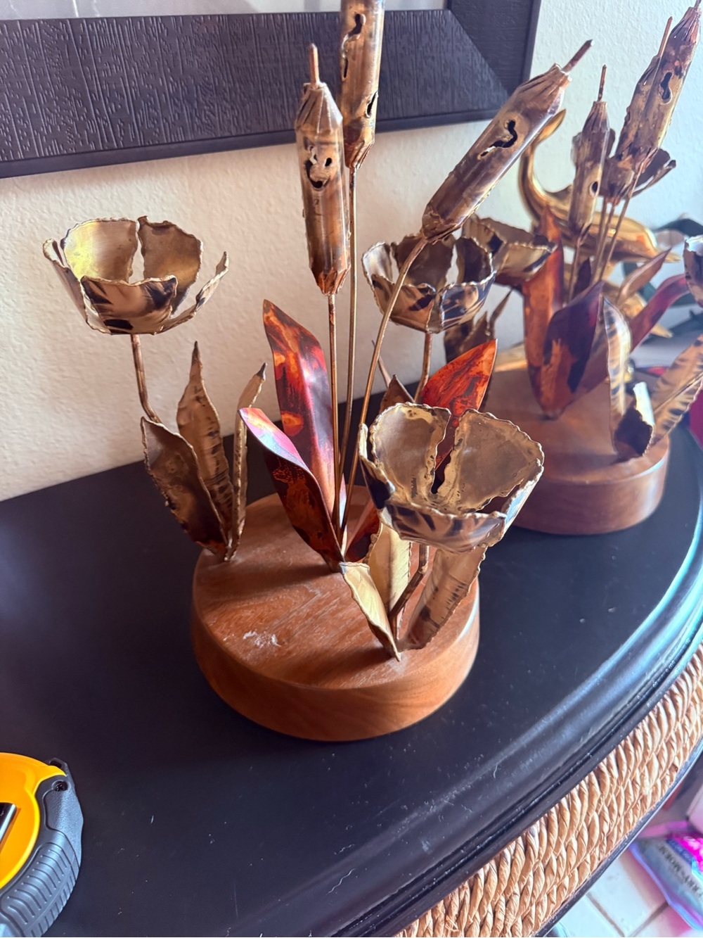 Vintage MCM brutalist  Floral Sculpture on Wooden Base - Gold and Brown Accent